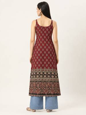 Maroon cotton ajrak printed sleeveless straight kurta 2