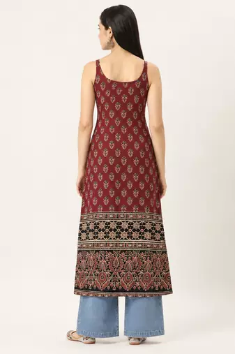 Maroon cotton ajrak printed sleeveless straight kurta