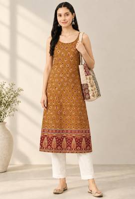 Yellow cotton ajrak printed sleeveless straight kurta 1
