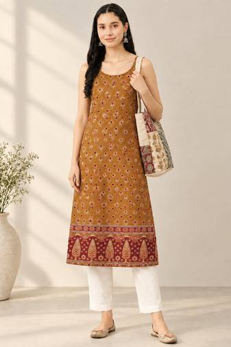 Yellow cotton ajrak printed sleeveless straight kurta