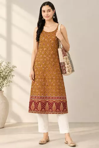 Yellow cotton ajrak printed sleeveless straight kurta