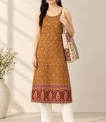 Yellow cotton ajrak printed sleeveless straight kurta