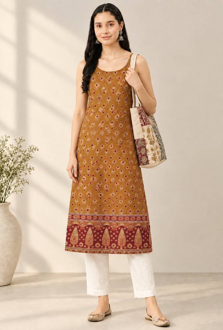 Yellow cotton ajrak printed sleeveless straight kurta