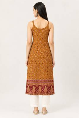 Yellow cotton ajrak printed sleeveless straight kurta 2