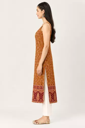 Yellow cotton ajrak printed sleeveless straight kurta