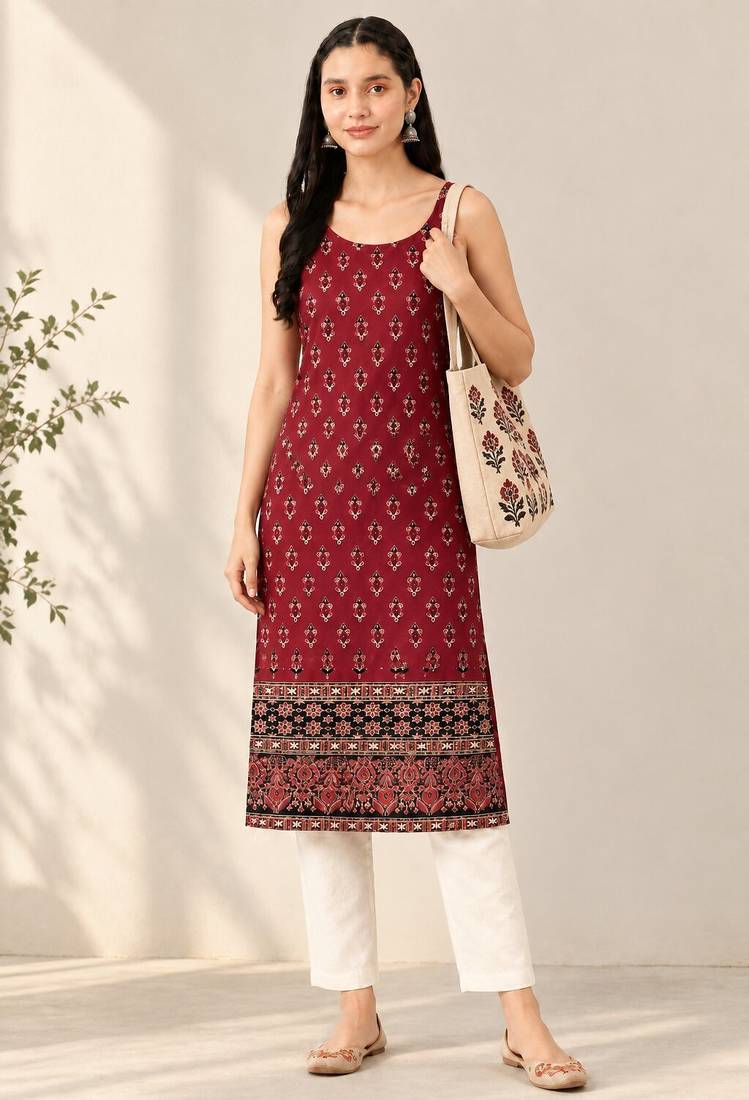 Maroon cotton ajrak printed sleeveless straight kurta