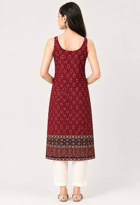 Maroon cotton ajrak printed sleeveless straight kurta 2