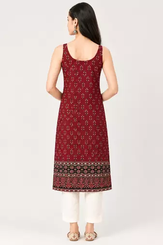 Maroon cotton ajrak printed sleeveless straight kurta