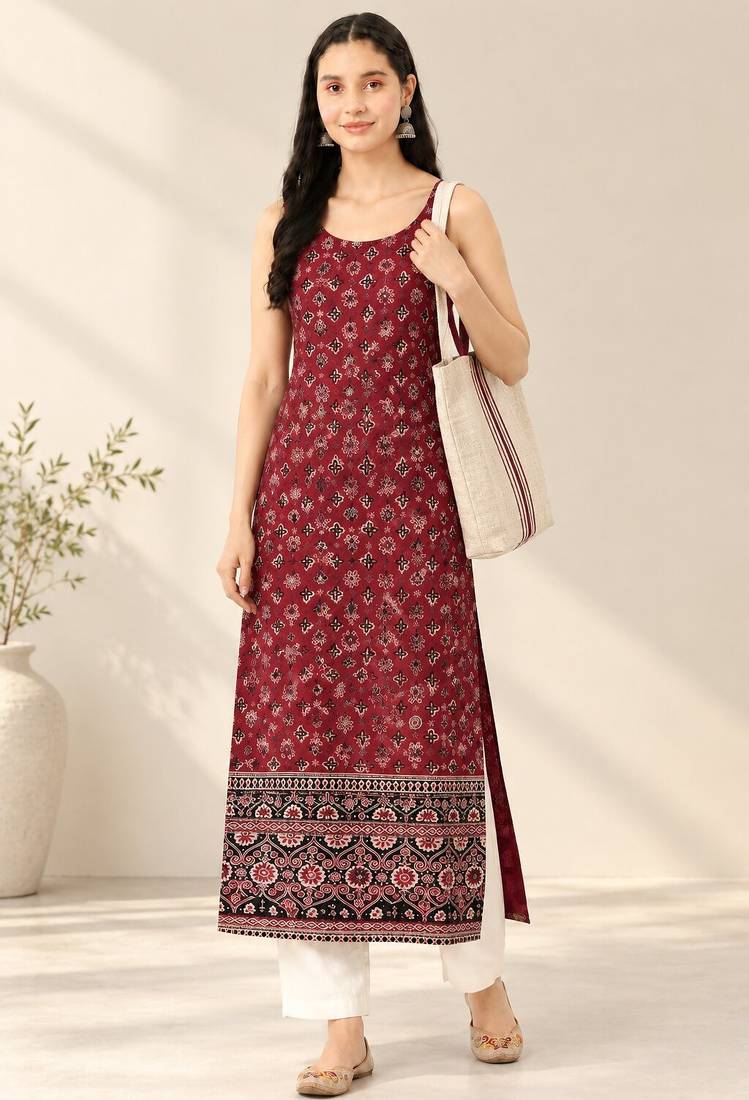 Maroon cotton ajrak printed sleeveless straight kurta