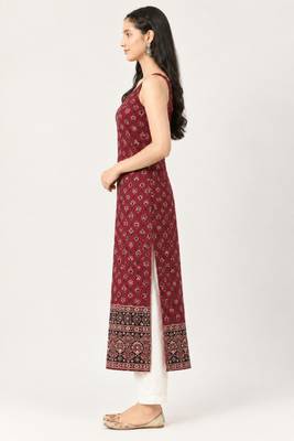 Maroon cotton ajrak printed sleeveless straight kurta 2
