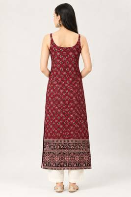 Maroon cotton ajrak printed sleeveless straight kurta 3