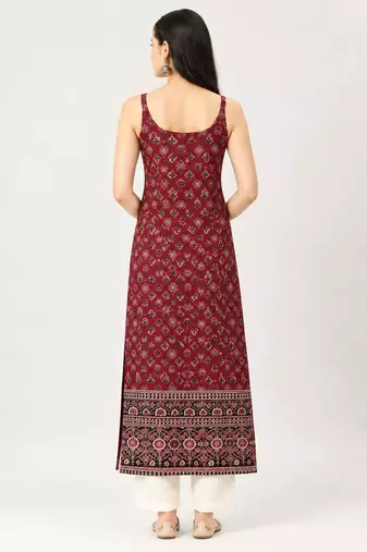 Maroon cotton ajrak printed sleeveless straight kurta
