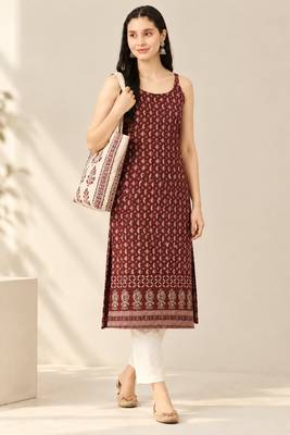 Maroon cotton ajrak printed sleeveless straight kurta 1