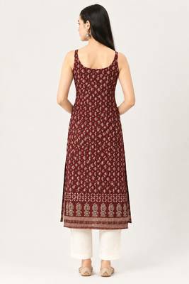 Maroon cotton ajrak printed sleeveless straight kurta 2