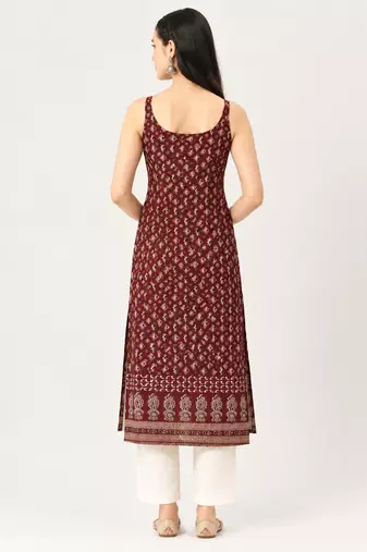 Maroon cotton ajrak printed sleeveless straight kurta