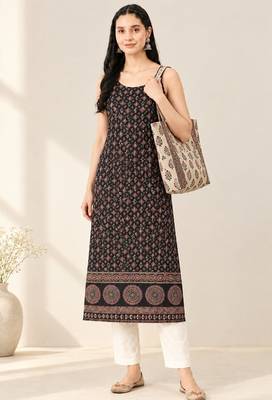Black cotton ajrak printed sleeveless straight kurta 1