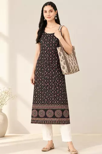 Black cotton ajrak printed sleeveless straight kurta