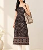Black cotton ajrak printed sleeveless straight kurta