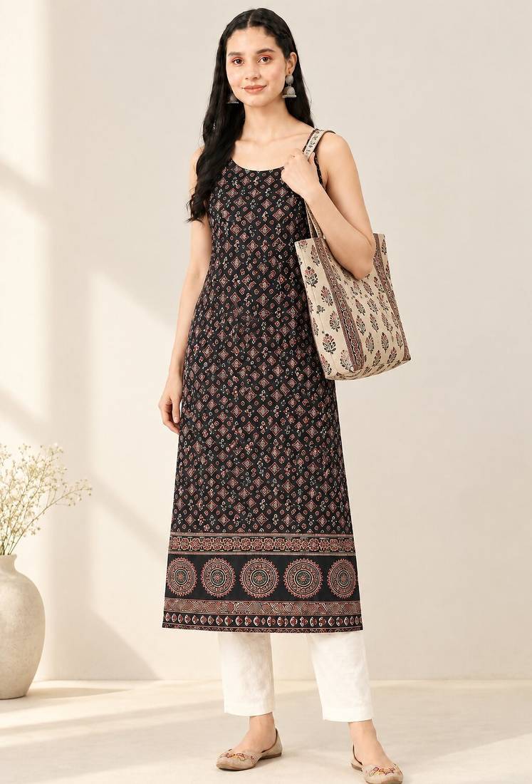 Black cotton ajrak printed sleeveless straight kurta