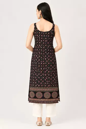 Black cotton ajrak printed sleeveless straight kurta