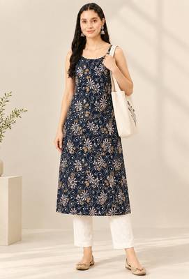 Navy cotton printed sleeveless straight kurta 1