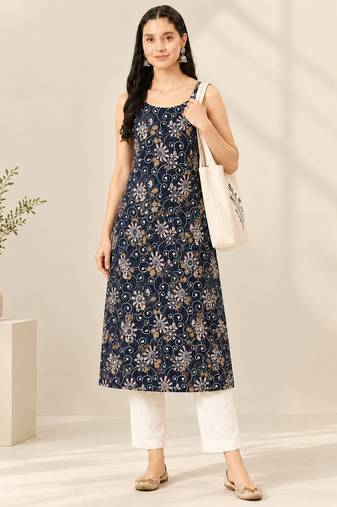 Navy cotton printed sleeveless straight kurta
