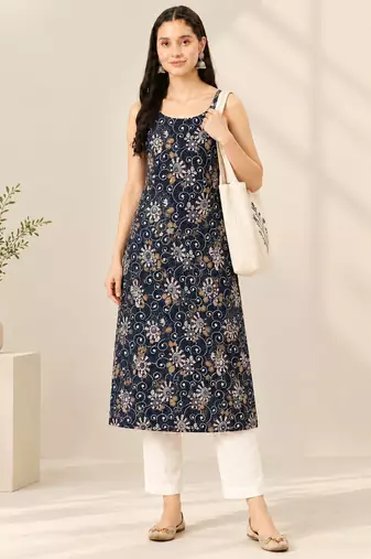 Navy cotton printed sleeveless straight kurta