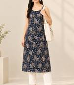Navy cotton printed sleeveless straight kurta