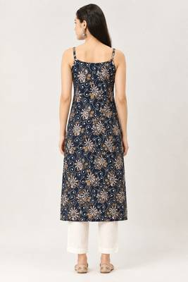 Navy cotton printed sleeveless straight kurta 2