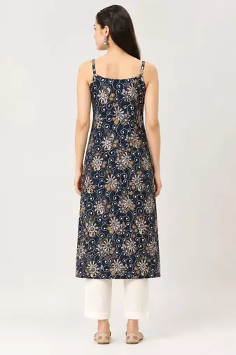 Navy cotton printed sleeveless straight kurta