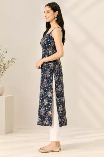 Navy cotton printed sleeveless straight kurta