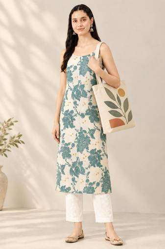 Blue cotton printed sleeveless straight kurta