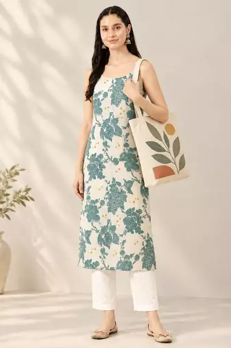 Blue cotton printed sleeveless straight kurta