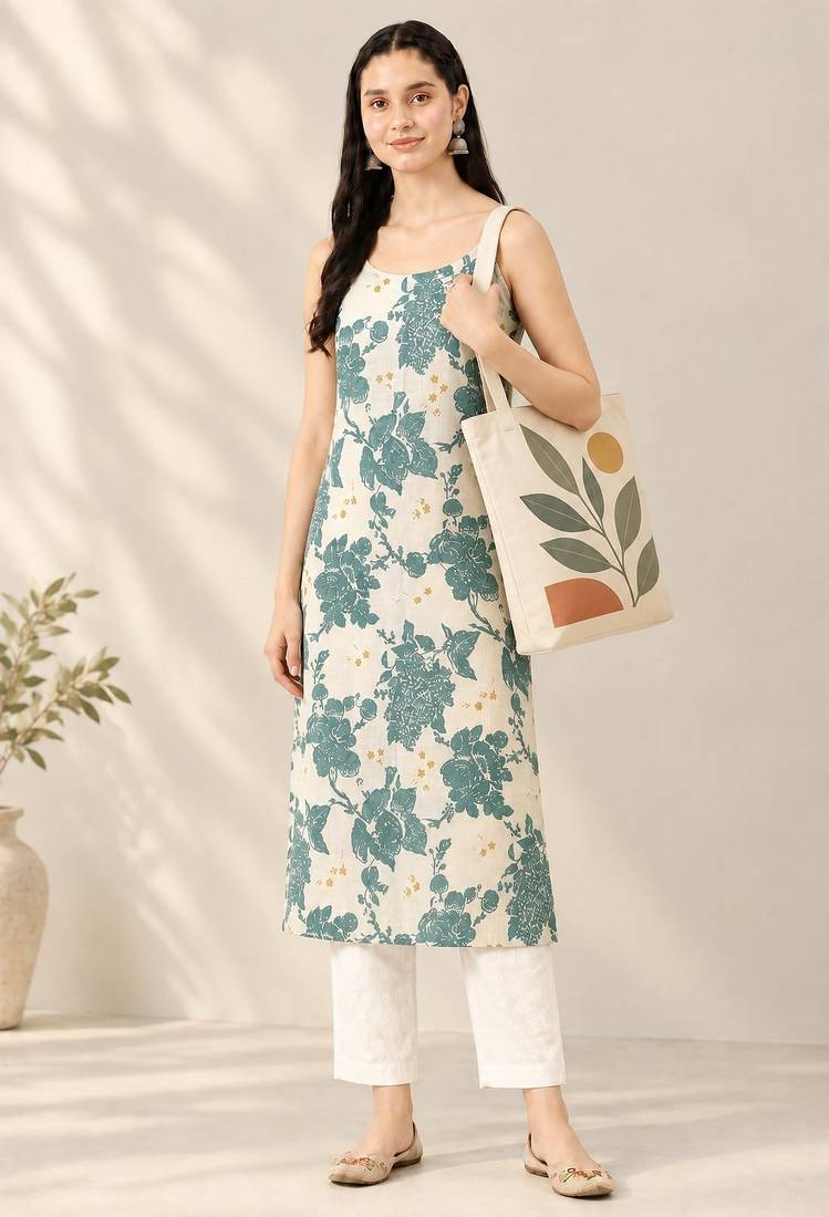 Blue cotton printed sleeveless straight kurta