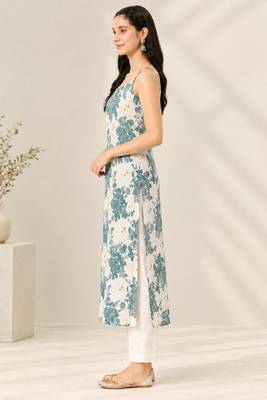 Blue cotton printed sleeveless straight kurta 2