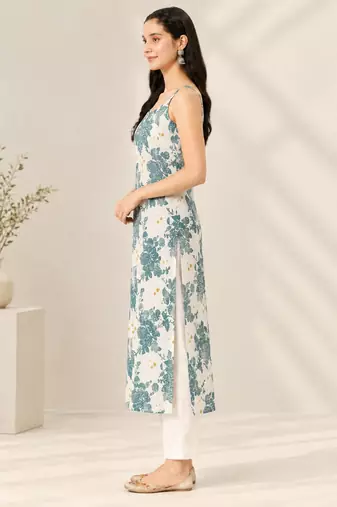 Blue cotton printed sleeveless straight kurta