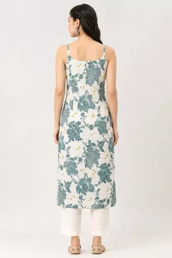 Blue cotton printed sleeveless straight kurta