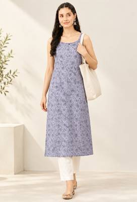 Grey cotton printed sleeveless straight kurta 1