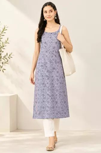 Grey cotton printed sleeveless straight kurta