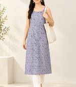 Grey cotton printed sleeveless straight kurta