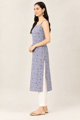 Grey cotton printed sleeveless straight kurta 2