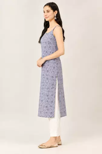 Grey cotton printed sleeveless straight kurta