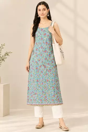 Blue cotton printed sleeveless straight kurta