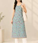 Blue cotton printed sleeveless straight kurta