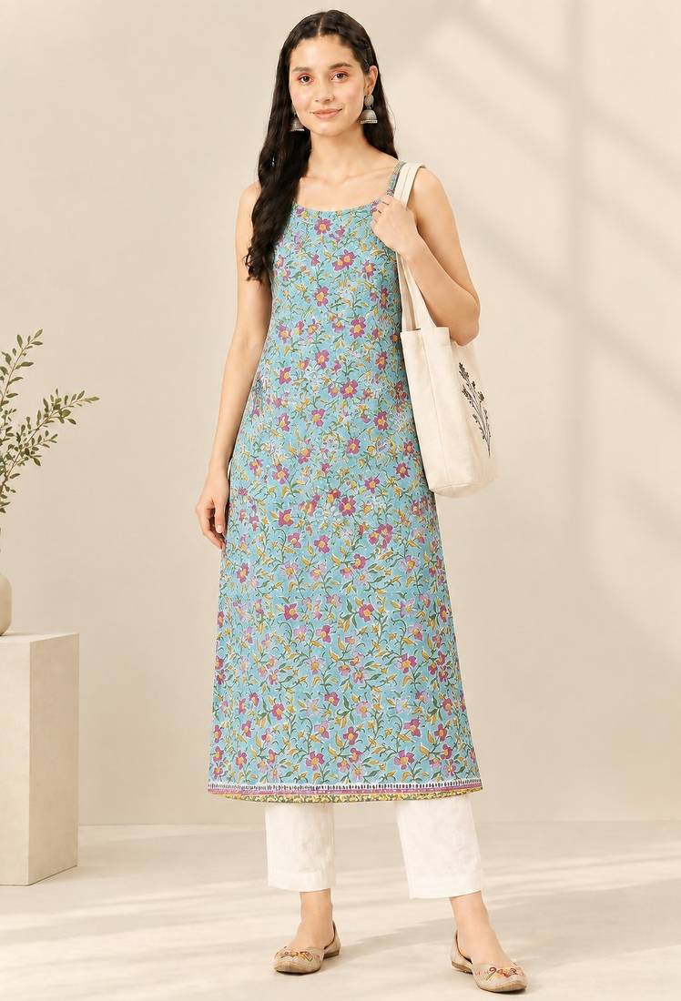 Blue cotton printed sleeveless straight kurta