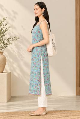 Blue cotton printed sleeveless straight kurta 2