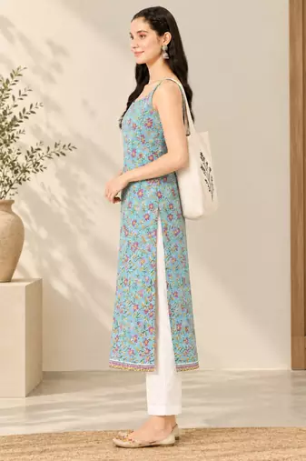 Blue cotton printed sleeveless straight kurta