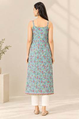 Blue cotton printed sleeveless straight kurta 3