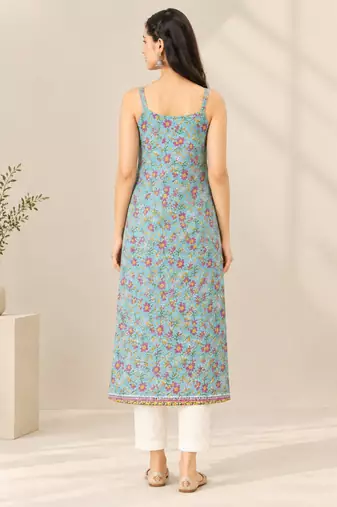 Blue cotton printed sleeveless straight kurta