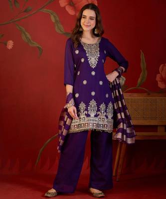 Purple embroidery vichitra silk kurta with pant and duptta 1